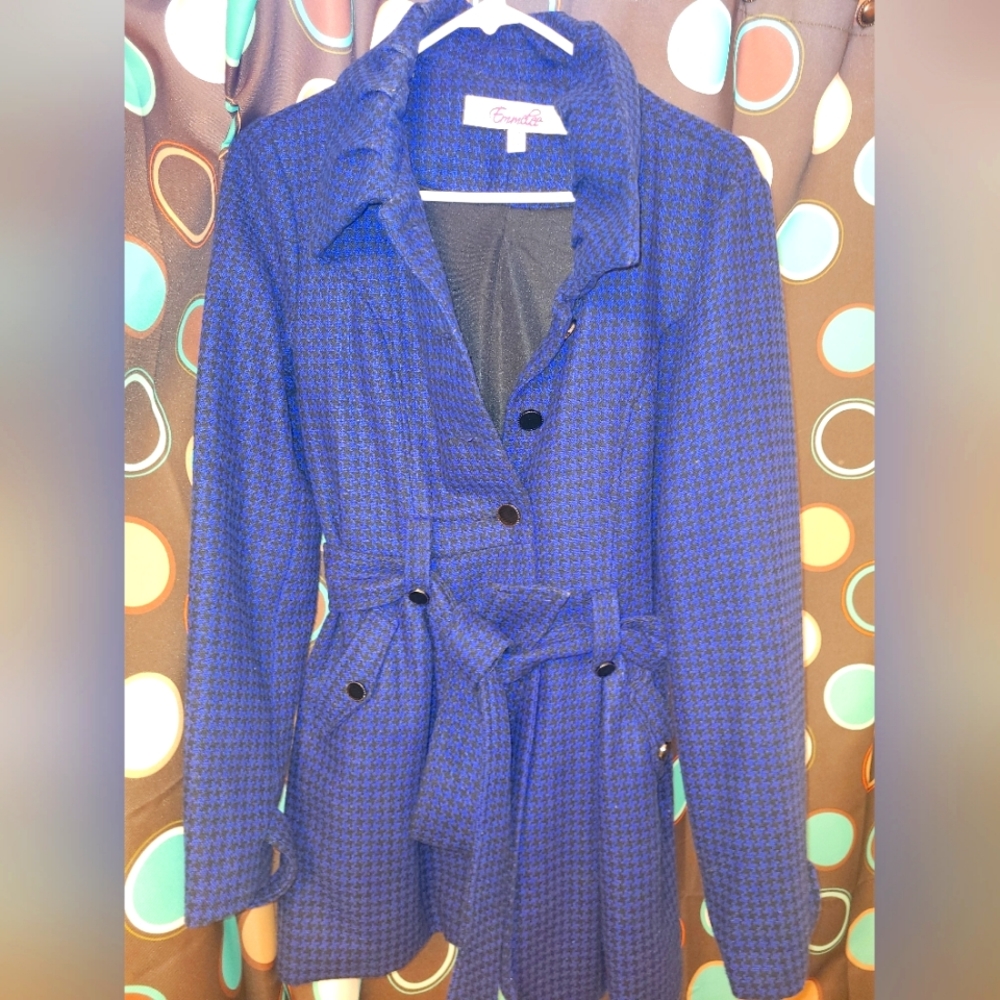 Emmelee Royal Blue and Black Houndstooth Belted Pea Coat, size M.